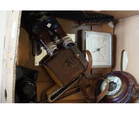 Three pairs of vintage binoculars, mahogany barometer, oak barometer.