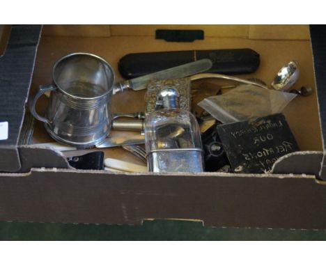 A mixed lot of assorted silver-plate to include a tankard, a hip flask, etc.