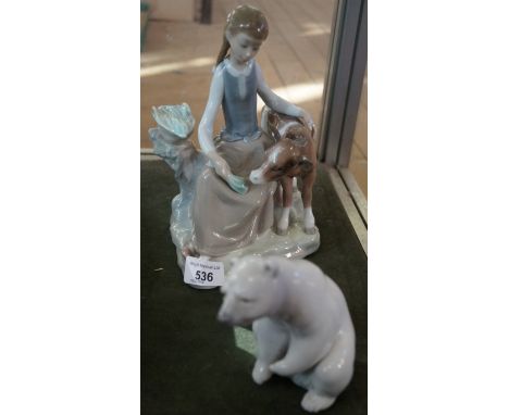 A Lladro model of a Polar bear and a Lladro model of a girl feeding a calf. 