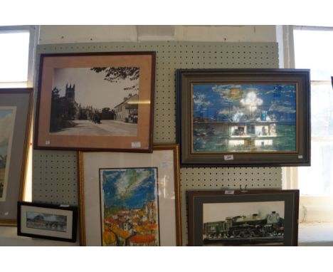 J. Michael Boland, two watercolours one depicting a continental street scene together with a pencil sketch of London and a ph