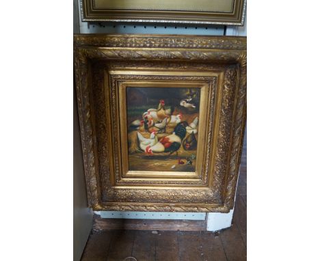 A reproduction oil on panel depicting hens in landscape.