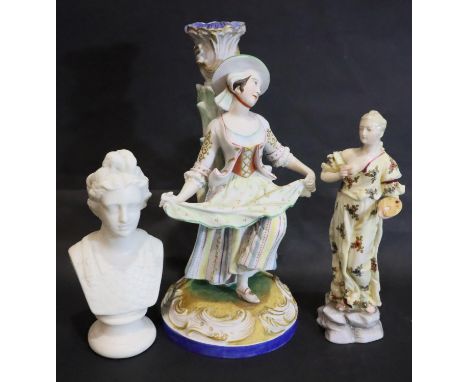 Dresden, a ceramic figurine of a female painter, H: 16 cm together with a bisque figural candlestick and a small Parian bust.