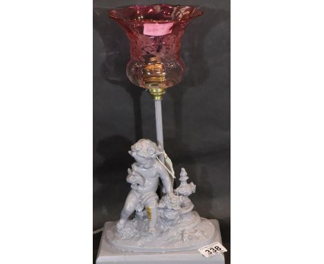 Painted putti lamp with Victorian etched glass shade, overall H: 37 cm. Not available for in-house P&amp;P, contact Paul O'He