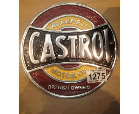 Aluminium Castrol sign, D: 20 cm. P&amp;P Group 1 (£14+VAT for the first lot and £1+VAT for subsequent lots)