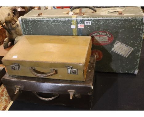 Three vintage travel cases including a tin cabin trunk bearing Cunard shipping labels. Not available for in-house P&amp;P, co