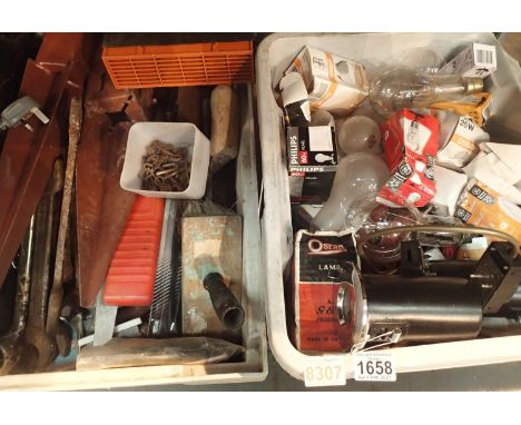Box of mixed garage items and box of unused light bulbs. Not available for in-house P&amp;P, contact Paul O'Hea at Mailboxes 