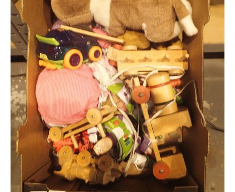 Box of mixed childrens toys including pull along wooden train and Buzz Lightyear. P&amp;P Group 3 (£25+VAT for the first lot 