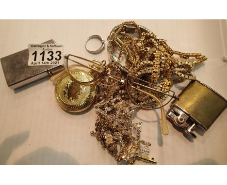 Tub of mixed collectables including jewellery, lighters and a magnetic bangle. P&amp;P Group 1 (£14+VAT for the first lot and