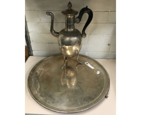 LARGE SILVER PLATE TEAPOT &amp; TRAY