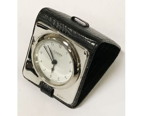 HM SILVER TRAVEL CLOCK IN LEATHER CASE