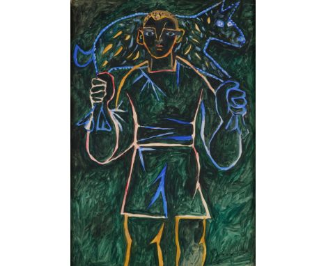JOHN CRAXTON RA (BRITISH 1922-2009)  ⊕ BOY WITH A DOG  signed Craxton lower right  oil on paper mounted on card  61 x 43.5cm;