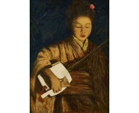 MORTIMER MENPES (AUSTRALIAN/BRITISH 1855-1938) GEISHA PLAYING THE SHAMISENsigned Mortimer Menpes lower rightoil on board 15.5