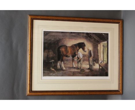 John Trickett, signed limited edition print, farrier and shirehorse, 270/850.  29 cm x 44 cm, framed and mounted.