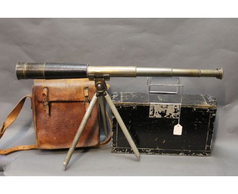 Enbeeco London field telescope, four draw, Parker Hale tripod and motorcycle dispatch satchel marked 1944.