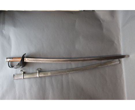 Steel bladed sword stamped Solingen, chromed hilt, leather wrapped handle and matching scabbard.  Overall length 108 cm. 