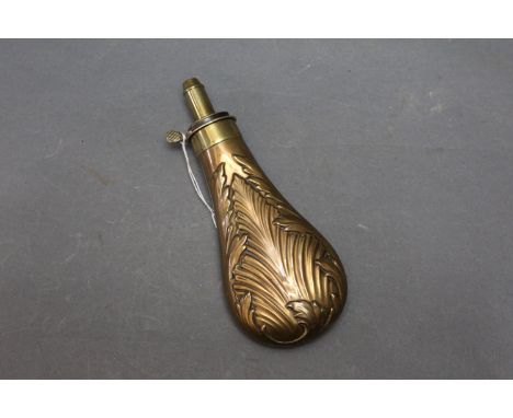 Bartram &amp; Co. copper and brass powder flask, with leaf decoration.  20 cm. 