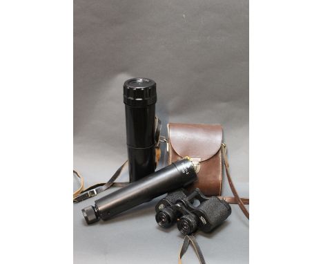 A pair of Carl Zeiss Jena Jenoptem 8 x 30W binoculars, and a Russian 20 x 50 two draw telescope.