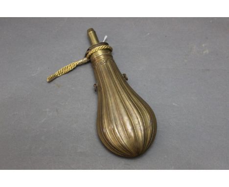 Frary Benham &amp; Co. brass powder flask, with fluted body, the company only existed from 1855 to 1857.  Length 22 cm. 