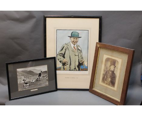 Three pictures, a limited edition print of the Earl of Lonsdale numbered 43/100, 32 cm x 24 cm, framed and mounted, together 