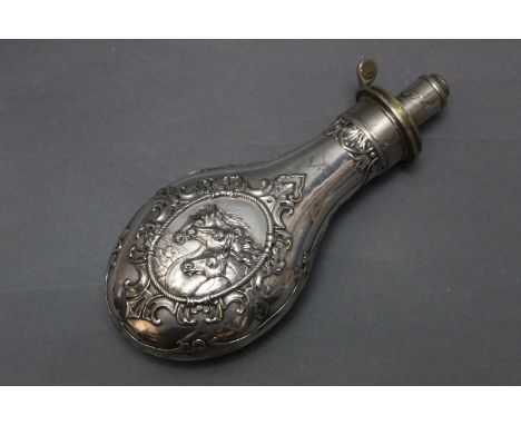 James Dixson &amp; Sons Sheffield, a German silver pharaohs horses powder flask, length 20 cm.  See the powder flask book by 