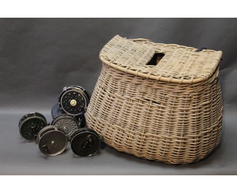 Vintage wicker fishing creel, 5 trout fly reels, Shakespeare Beaulite, etc. 