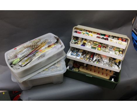 Two boxes and a tackle box containing fly tying feathers, dubbin, threads, tools etc.