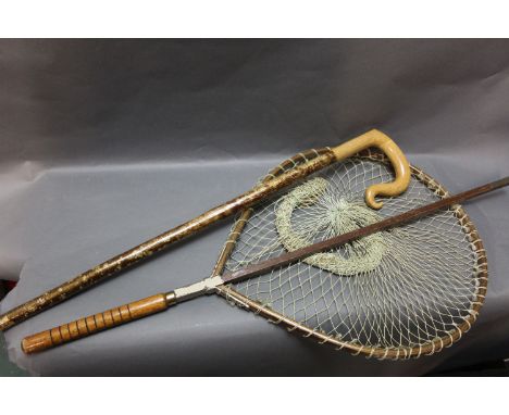 Farlows of London, an extending bow headed landing net, width 41 cm, together with a hazel shafted walking stick with wooden 