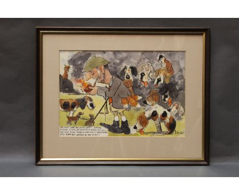 John William Wilkinson - Wilk 1906-1994, a watercolour cartoon depicting Jacky Airey of the Blencathra Foxhounds smoking a pi
