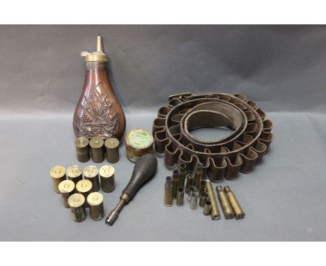 Reproduction American Civil War powder flask, 4 pairs of Gyttorp 12 bore brass snap caps, cartridge belt, etc. 