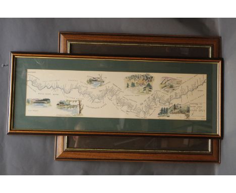 A print of "The Salmon Pools of the River Spey" by I Scott, 19 cm x 74 cm, framed and mounted, together with a print of a fis