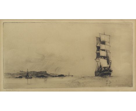 * FRANK HENRY MASON (BRITISH 1875 - 1965), SAILING SHIP OFFSHORE etching, signed in pencil 20cm x 37cm Mounted, framed and un