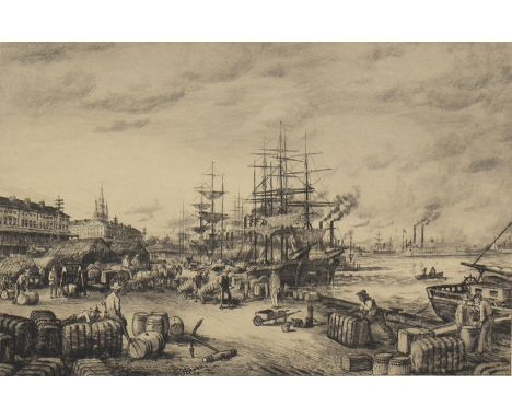 CHARLES A VANDERHOOF (AMERICAN 1853 - 1918), NEW YORK WATERFRONT SCENE etching, signed in pencil 20.5cm x 31cm Mounted, frame