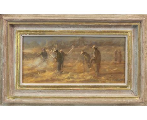 * PIP TODD WARMOTH (BRITISH b 1962), EVENING LIGHT ON THE FIELS, TIBET oil on board, signed with initials 15cm x 32cm Label v