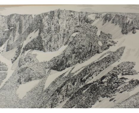 A pen and ink sketch, Alfred Wainwright, The Cliffs of Cairn Lochan, signed 15 x 20cm, plus frame and glazed, and a Wainwrigh