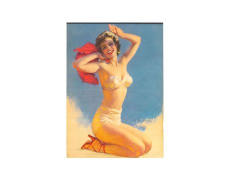 Vintage print of a pinup beauty in silk shorts, top and holding a red scarf. Titled Modern Mermaid. Artist: Zoe MozertDimensi