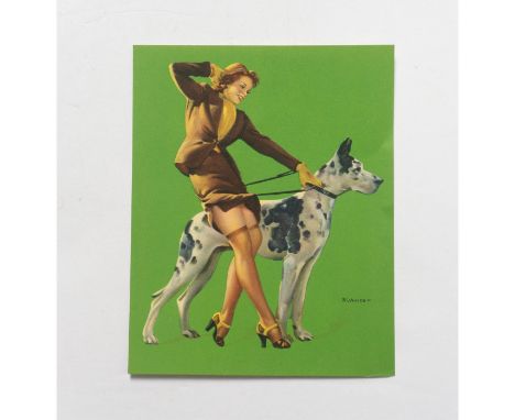 Vintage print of a pinup girl in a brown suit walking a great dane. Artist: Gil ElvgrenDimensions: 4.75""L x 6""HCountry of O