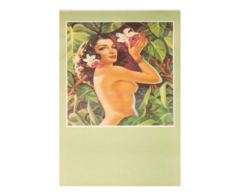 Vintage print of a nude Mexican beauty with green eyes among a lush tropical landscape. Titled Ojos Verdes (Green Eyes). Dime