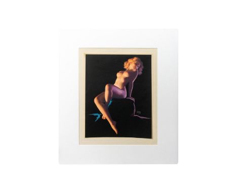 Vintage Pin Up Print Depicting a Beautiful Seated Nude Female. Measures 24"" x 20"" including matte. Condition: Age related w