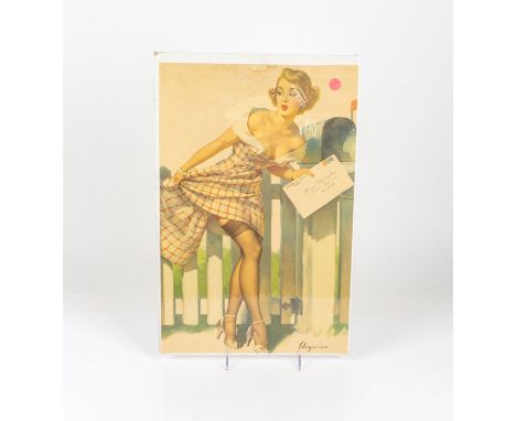 Vintage print of a beautiful pin up girl in a flirty dress and peep toe heals putting mail in the mailbox. Artist: Gillette E