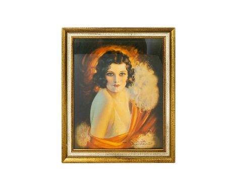 Original Vintage Art Deco Style Print. A portrait of a lady. Titled 'Amber'. Measures 23.5"" x 19.5"" including frame. Condit