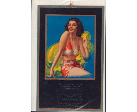 Ohio's American Coal Yard advertising print with Rolf Armstrong pin-up girl, Sailor Beware. Print is attached to board and co