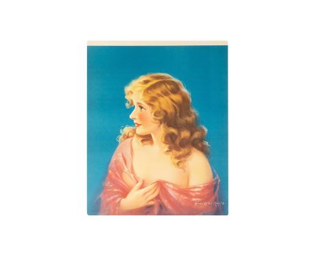 Vintage print of a beautiful young woman draped in a sheer rose shawl. Artist signed on bottom right. Artist: Mabel Rollins H