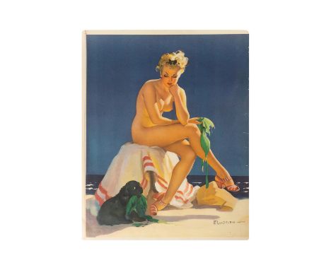 Vintage print of a pinup nude at the beach with her black cocker spaniel. Titled In For a Tanning. Artist: Mabel Rollins Harr