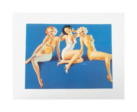 Vintage print of a blonde, a brunette and redhead pretty pinup ladies from the twenties in swimsuits and flirty smiles. Artis