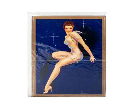 Vintage print of pin up beauty in a cute nude tone sailor outfit. Titled Sweetheart of the Fleet. Artist: Merlin Glen Enabnit