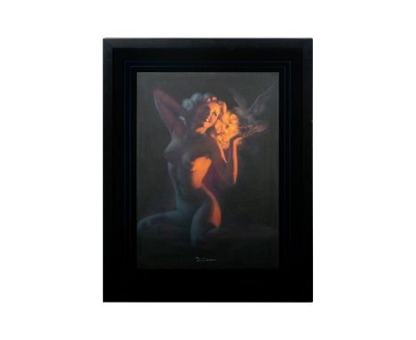 Original Vintage Fine Art Print of a Seated Nude Blond Girl Titled 'The Enchantress'. Measures 25.5"" x 19.5"" including fram