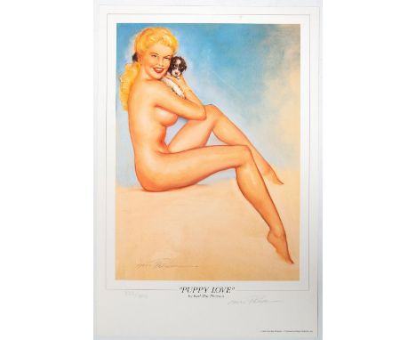 Vintage Limited Edition Pin Up Print Titled 'Puppy Love'. Printed in 1992 by Stabur Graphics Inc. Signed in pencil lower righ