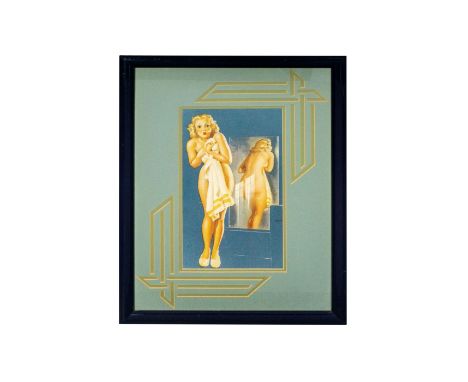 Vintage, Pin Up print of cute blonde caught wearing only a towel. Framed in a blue frame behind glass and double matted in an