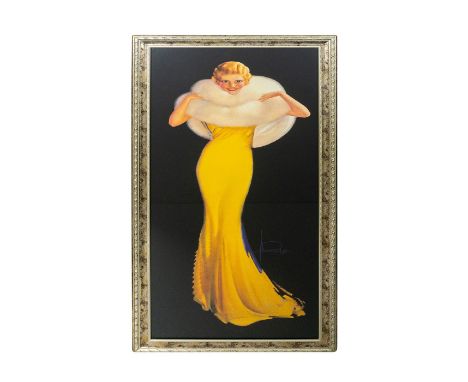 Original Vintage Pin-Up Fine Art Print Depicting a Beautiful Blond Lady in Long Yellow Dress. Measures 37.5"" x 16.5"" includ