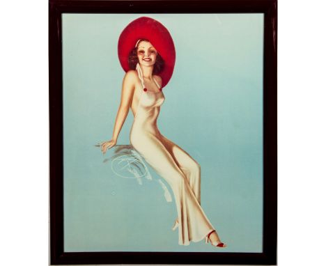 Original Vintage Art Deco Style Fine Art Print Depicting a Pretty Lady Wearing Wide Red Hat. Measures 21.5"" x 17.5"" includi